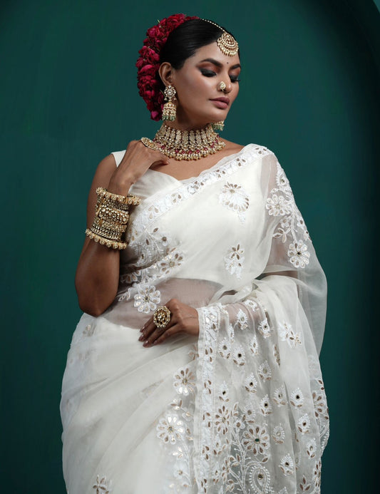 Organza saree with chikankari, mirror & gotta Patti work