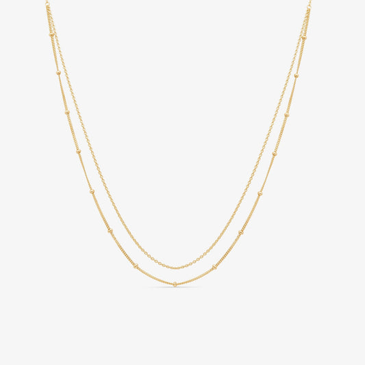 14k Solid Gold Beaded And Cuban Double Layer Chain Necklace - Adjustable