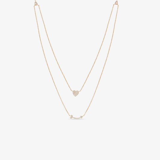 Heart & Cupids Arrow Diamond 14k Gold Double Layer Necklace
